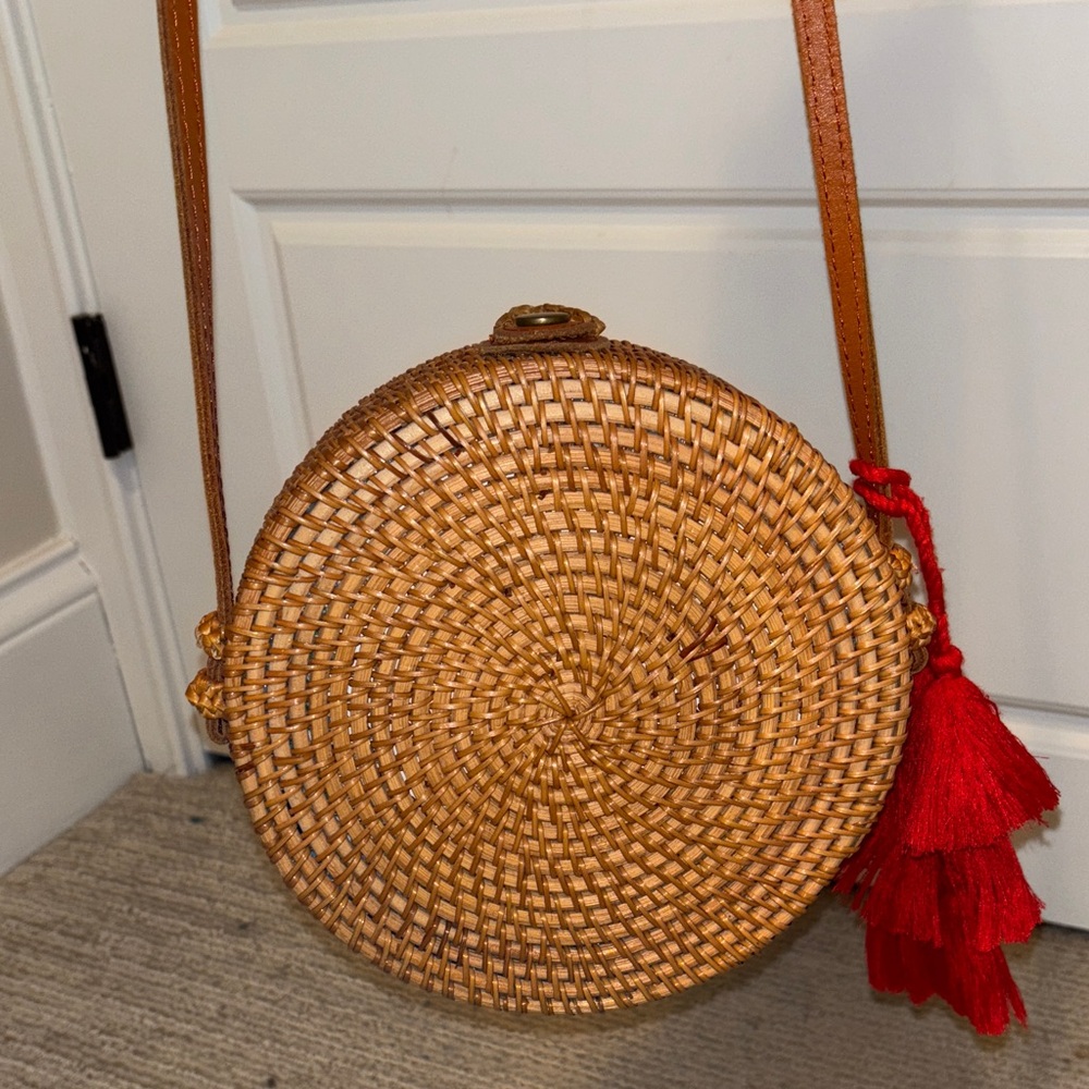 Brown Woven Crossbody Bag with Red Tassel